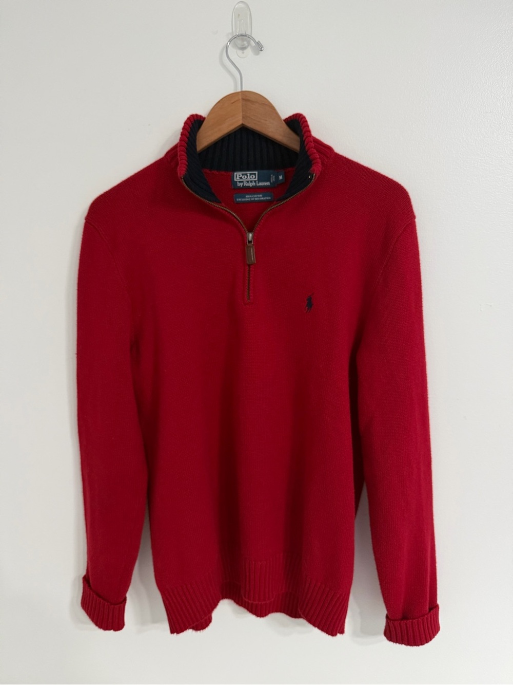 VTG Polo Ralph Lauren 100% Cotton 1/4 Zip Sweater Red Navy Collar Pony Logo M